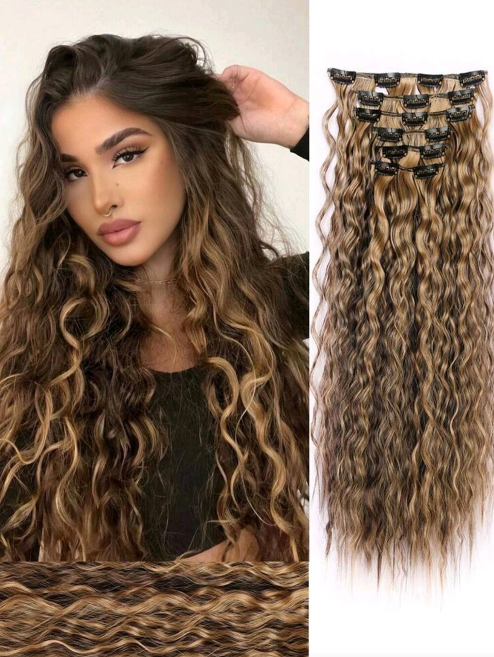 Premium Curly Clip-In Hair Extensions - Dark Brown with Honey Blonde Highlights
